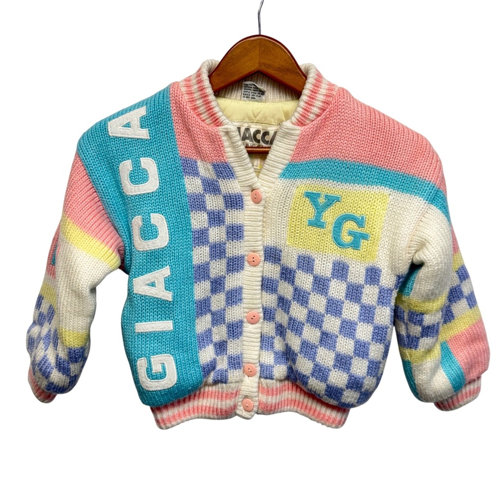 Vintage Giacca Kids Pastel Knit Bomber Jacket Checkerboard Colorblock Quilted